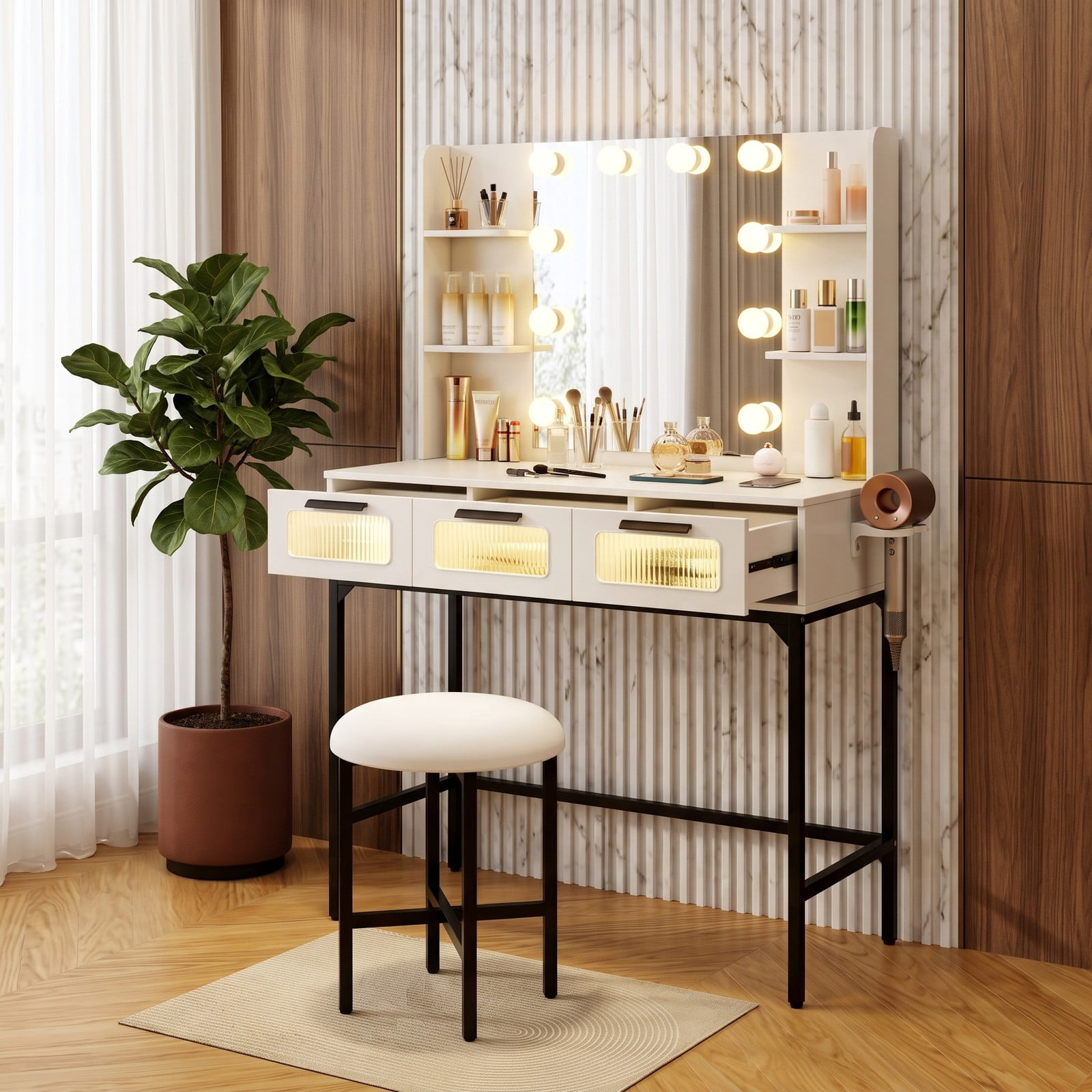 Furnibear Makeup Vanity Desk with Hollywood Mirror and 10 Lights Padded Stool Built-In Charging Station for Bedroom, White