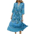 thumbnail image 1 of Vestido hasta el tobillo con estampado de media manga suelta con cuello en V bohemio a la moda para mujer Fridja  yut2922, 1 of 1