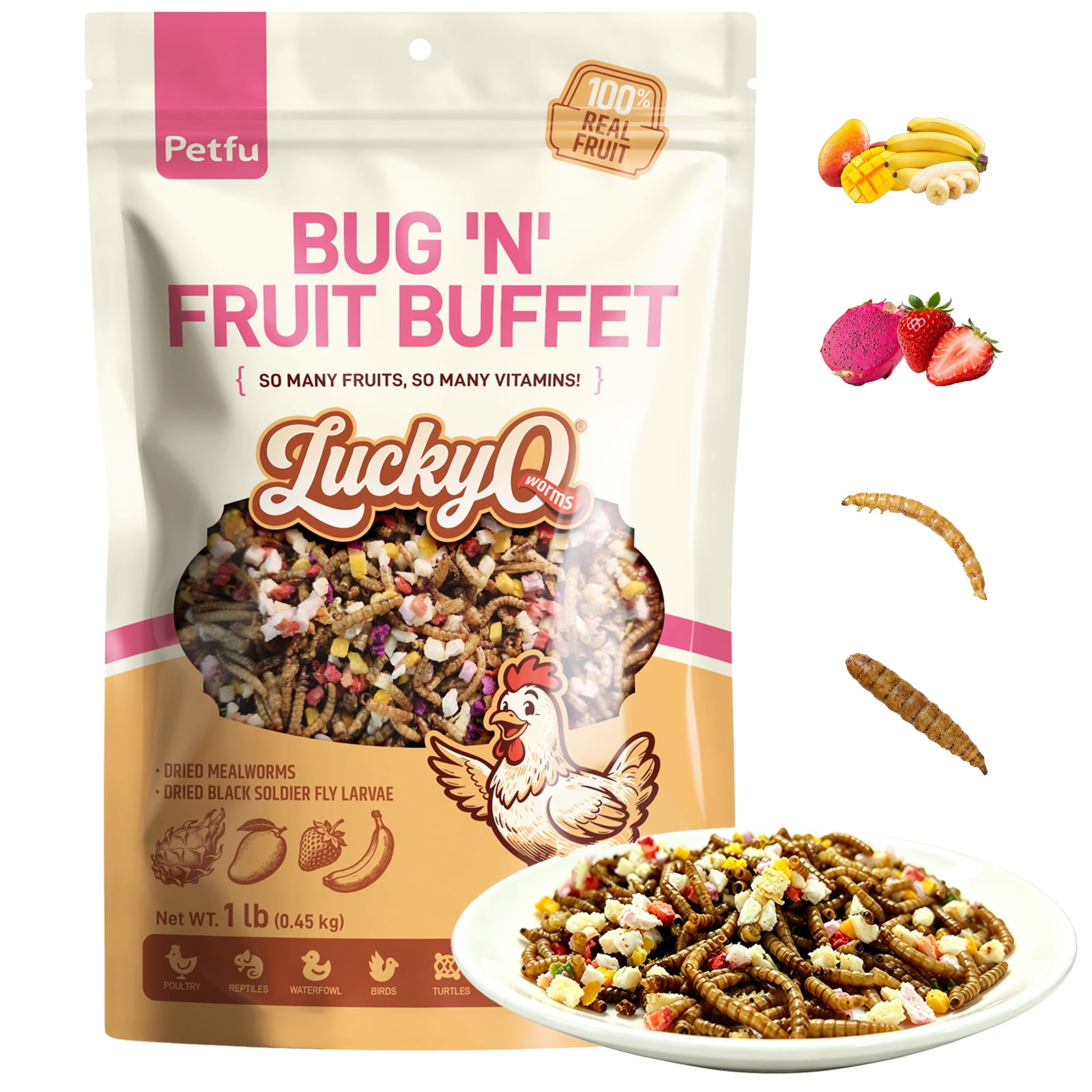 LuckyQworms Bugs & Fruit Blend 1 lb - All Natural High Protein Treat for Chickens, Ducks, Wild Birds, Hedgehogs - Poultry Snack with Dried Mealworms, BSF Larvae, & Freeze Dried Fruits