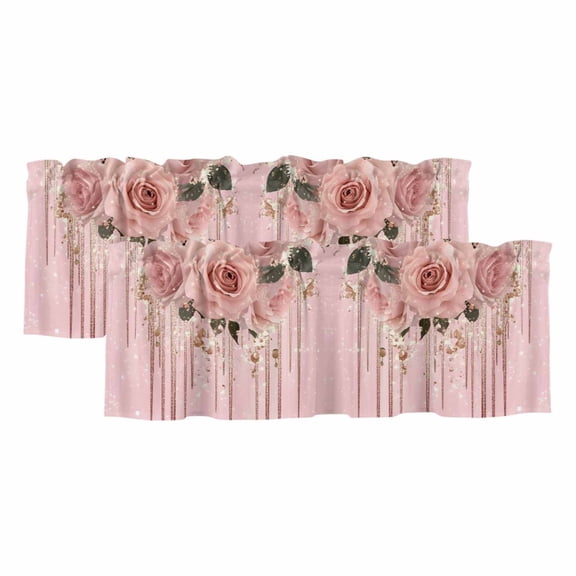 Pink Roses Romantic Curtain Valances for Windows, Kitchen Valance Window Treatments Panel 2 Pack, Watercolor Botanical Floral Rod Pocket Short Curtains for Bathroom Bedroom 54 x 18 Inch