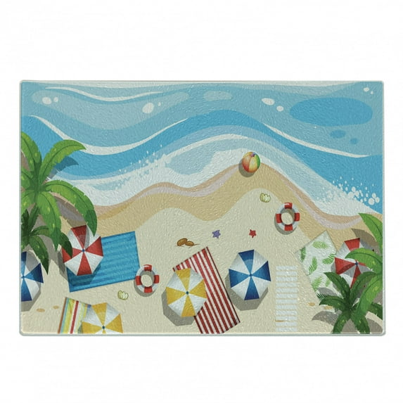 Graphic Beach Cutting Board, Aerial View Cartoon of Summer Holiday Fun with Parasols and Towels with Ocean, Decorative Tempered Glass Cutting and Serving Board, in 3 Sizes, by Ambesonne