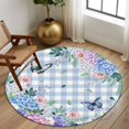thumbnail image 2 of Round Area Rugs Collection 5 Ft, Watercolor Flowers Non-Slip Residential Carpet, Spring Floral Butterflies Blue Plaid Indoor Crawling Mats Runner Rugs for Living Room/Dining Room/Bedroom, 2 of 8