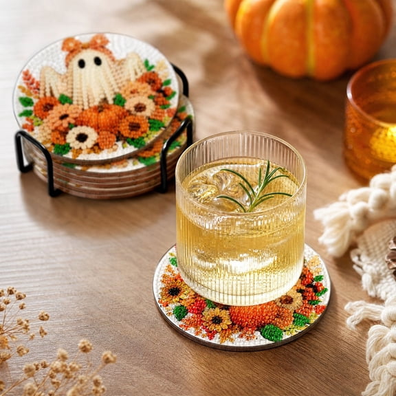 8 Pcs Diamond Art Coasters Kit for Adult with Holder, Acrylic Round Diamond Coaster 5.12in, DIY Halloween Ghost Diamond Painting Kits Coaster, Fall Diamond Dots Coasters Set for Adult Home Decor