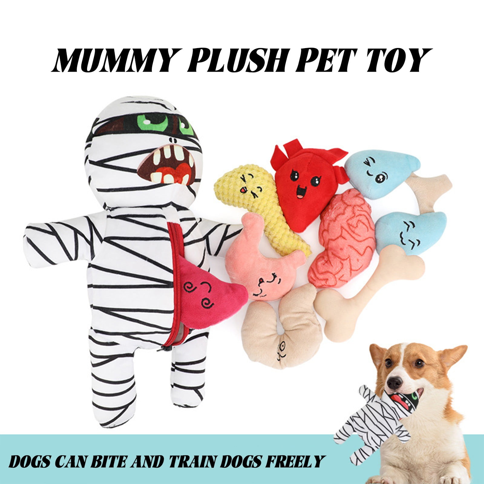 Squeaky Plush Dog Toys Set for Small Medium Dogs，9-in-1 Mummy with 8 Organ-Shaped Squeaking Playthings，Interactive Puppy Chew Toys for Teething and Anxiety Relief，Colour