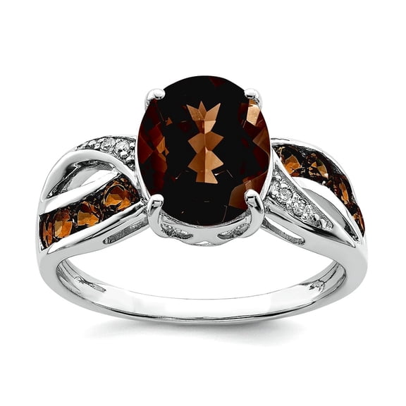 925 Sterling Silver Diamond and Smokey Quartz Ring Size 10 2mm Wide Ring for Women