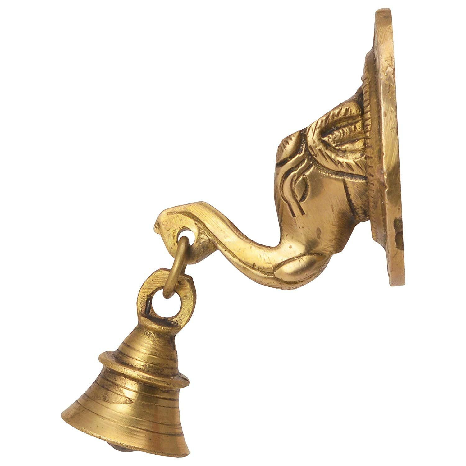 The Advitya Elephant Trunk-Shaped Brass Door Hanging Bell | Antique Finish Ganesh Ghanti | Elephant Face Temple Bell | 3.3 X 3.3 Inch