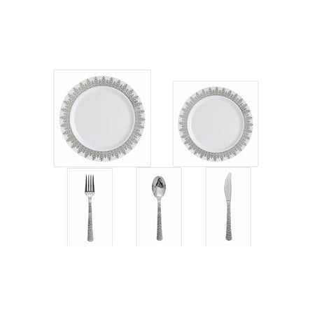

Ornament White w/Silver Regal Border China-Like Plastic 10 Banquet Plates + 7 Salad Plates + Cutlery *Party of 120*