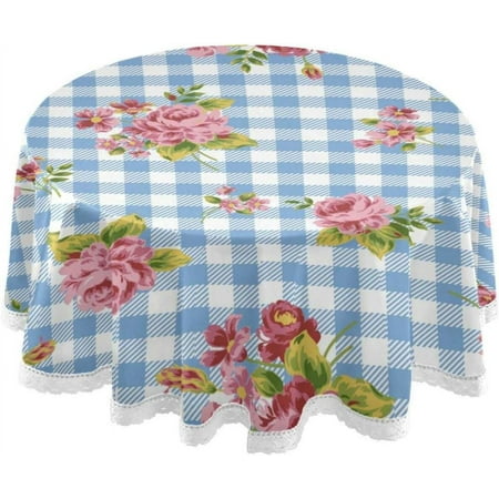 SKYSONIC 60" Blue Plaid Flowers Round Table Cloth, Spill Proof Wrinkle-Free Oil-Proof Waterproof Microfiber Tablecloth for Kitchen Dinning Room Party Home Picnic, Diameter Table Cover