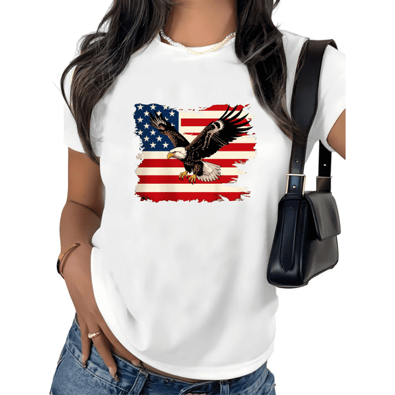 UNISHE Women's American Flag Eagle Graphic Short Sleeve T-Shirt Patriotic Design Cotton Crewneck Casual Comfortable Relaxed Fit Tops