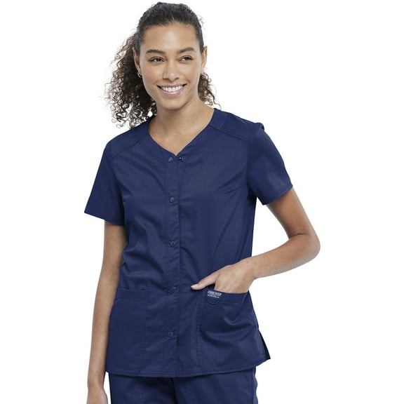 Cherokee Workwear Revolution Scrubs Top For Women Snap Front V-Neck Plus Size WW622, 3XL, Navy