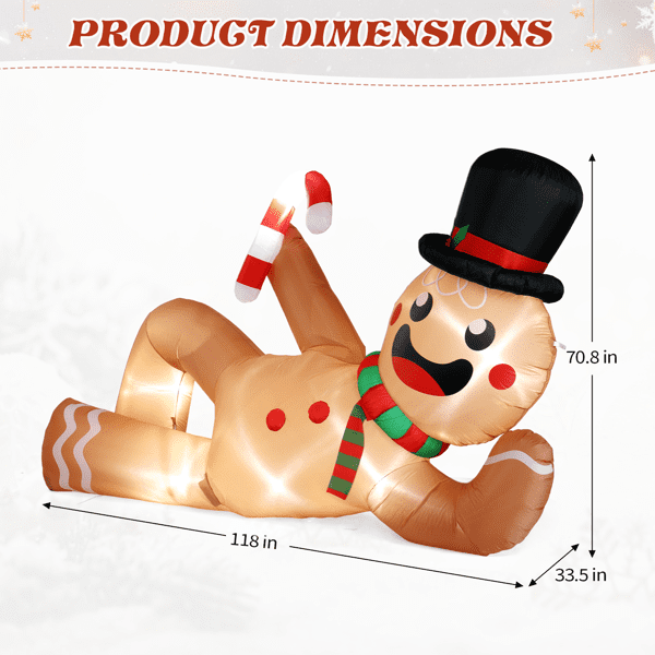 Alvantor 9.8 ft Christmas Inflatable Gingerbread Man with 6 LED Lights, Reclining Yard Decoration, Multicolor