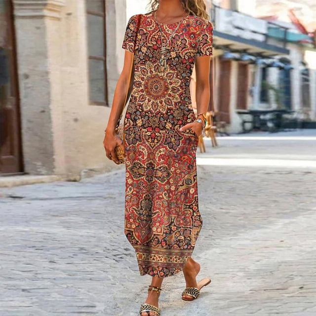 Robes Longues Bohèmes à Imprimé Floral pour Femmes Été Col Rond Manches Courtes Poches Robe Femme Vintage Décontractée Maxi Robes de Soirée