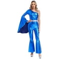 thumbnail image 3 of inlzdz Womens Shiny Metallic Disco Outfits One Shoulder Flared SlJumpsuits Royal Blue L, 3 of 7