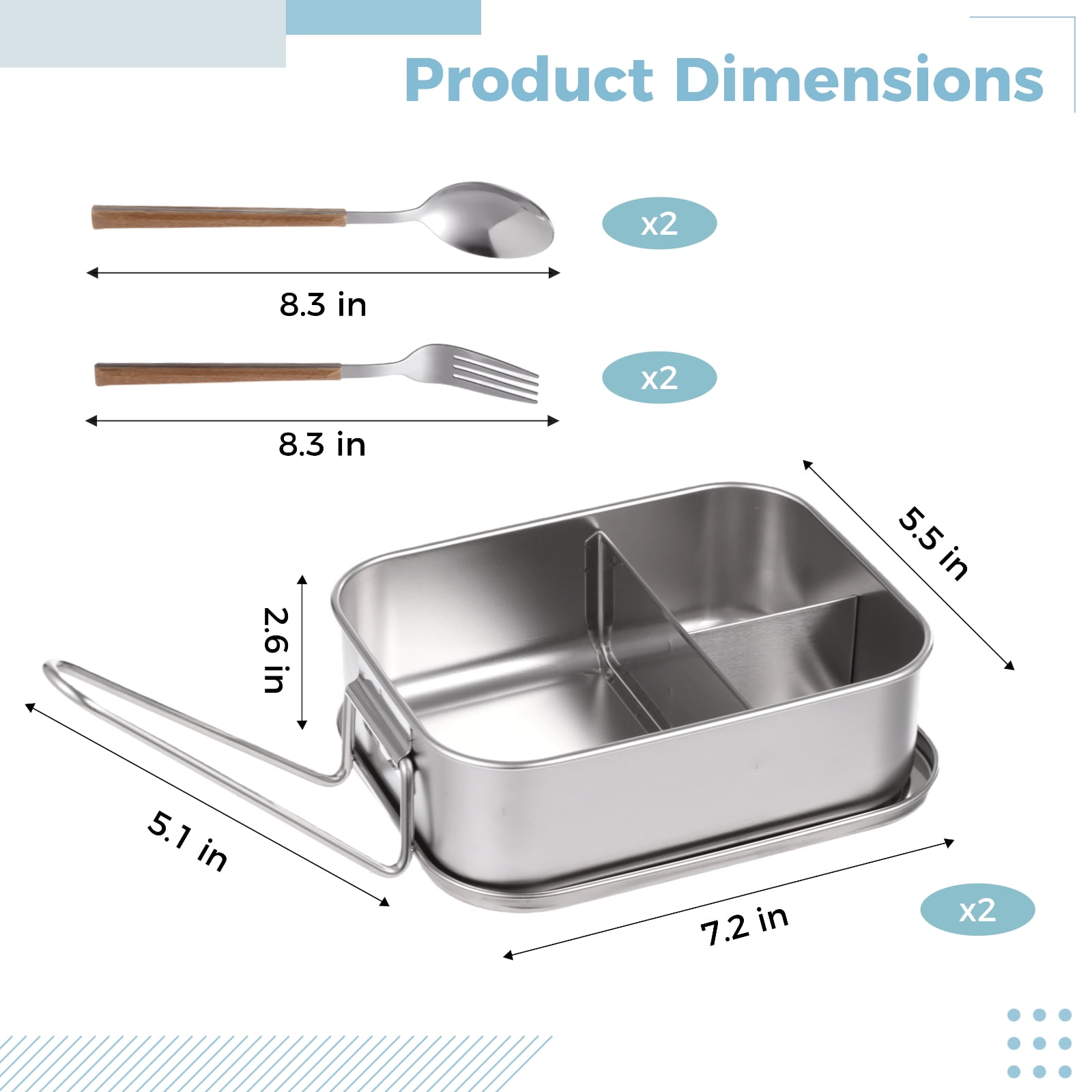 2PCS 304 Stainless Steel Bento Box, 40oz 3-Compartment Metal Lunch Container with Fork and Spoon, Leak Proof Metal Lunch Container for Youngsters and Adults