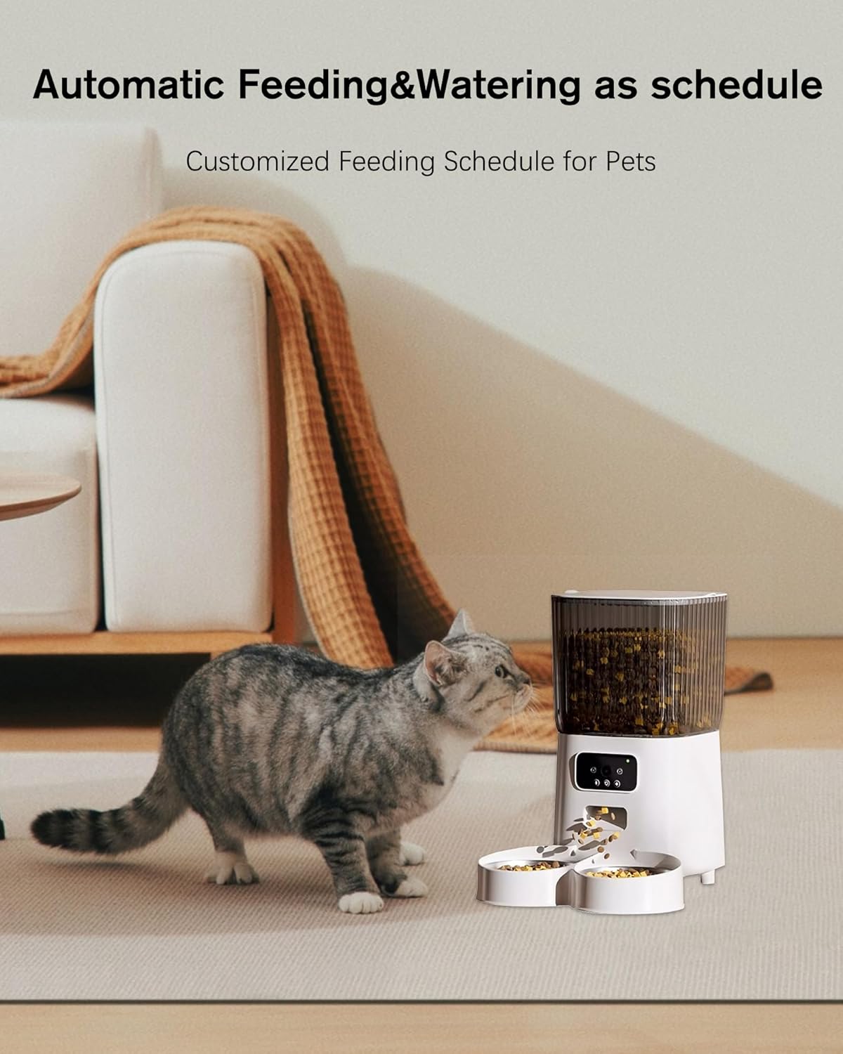 DENZUS Automatic Cat Feeder 2 Cats with Camera, 5L Dual Pet Auto Timed Electric Smart App Food Feeding Dispenser (White, 2 Bowls)