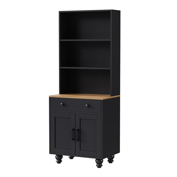 Xukmct 5 Tier Bookshelf with 1 Drawer, Kitchen Pantry Cabinet with Shelves, 2 Doors Storage Cabinet for Living Room, Office, Black
