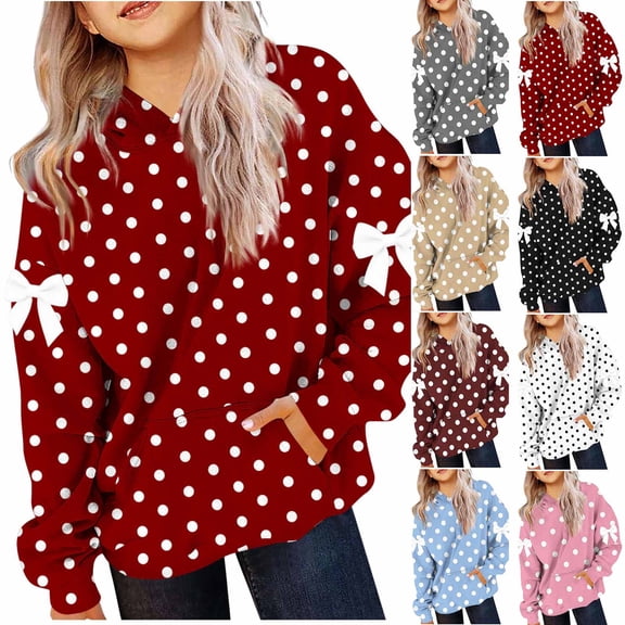 MKOSPLRT 4-14 Years Girls Polka Dot Print Hoodie Long Sleeve Fleece Lined Casual Pullover with Pockets