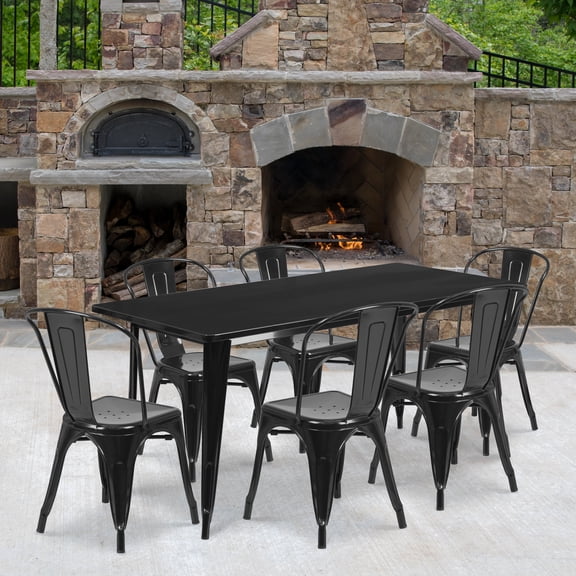 BizChair Commercial Grade 31.5" x 63" Rectangular Black Metal Indoor-Outdoor Table Set with 6 Stack Chairs
