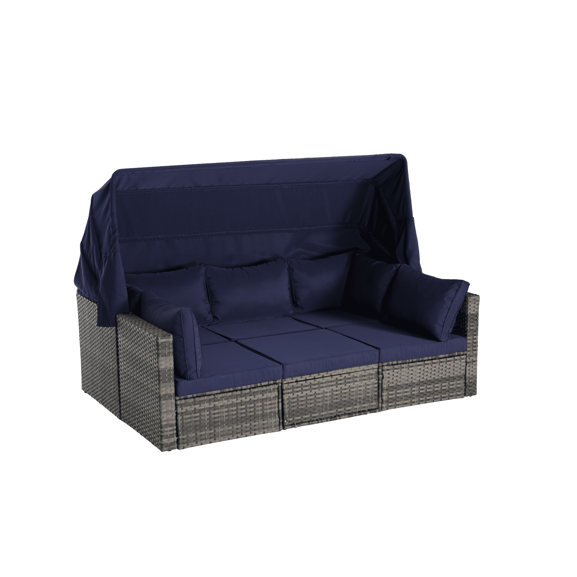 5 Pieces Outdoor Daybed with Retractable Canopy,Patio Wicker Sunbed Furniture Set with Storage Side Table and Sofa Cushions for Backyard, Porch, Garden,Dark Blue
