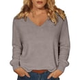 thumbnail image 4 of Basic Sweaters Women Fall Long Sleeve V Neck Tops Casual Lightweight Knit Warm Pullover Sweater Light Brown M, 4 of 8