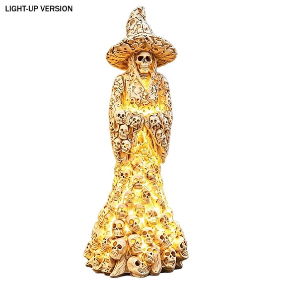 IFRINID Skeleton Witch Resin Statue, 9in Halloween Decor With Warm Light, Spooky Gothic Figure for Indoor Outdoor Yard, Party Decoration