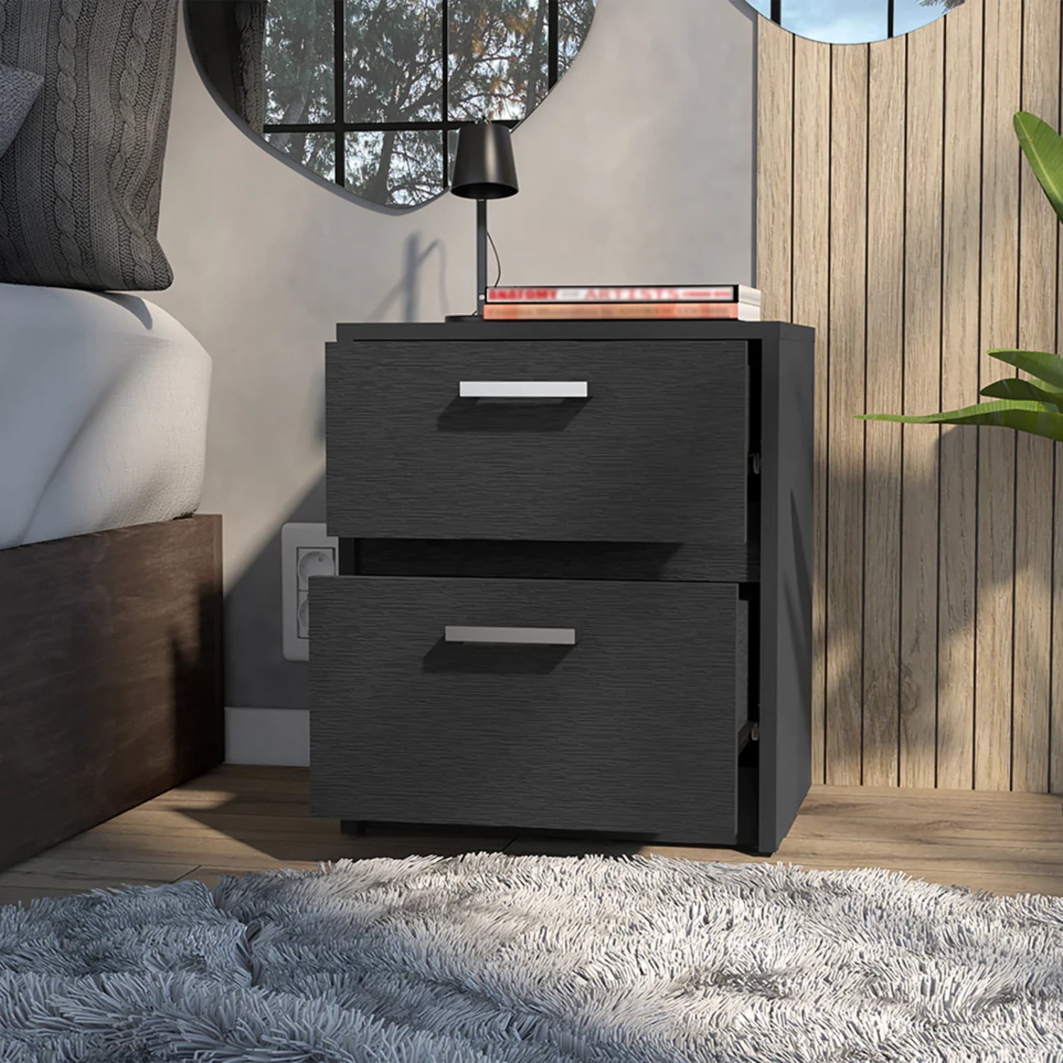 HomeRoots 19 in. Two Drawer Faux Wood Nightstand, Black