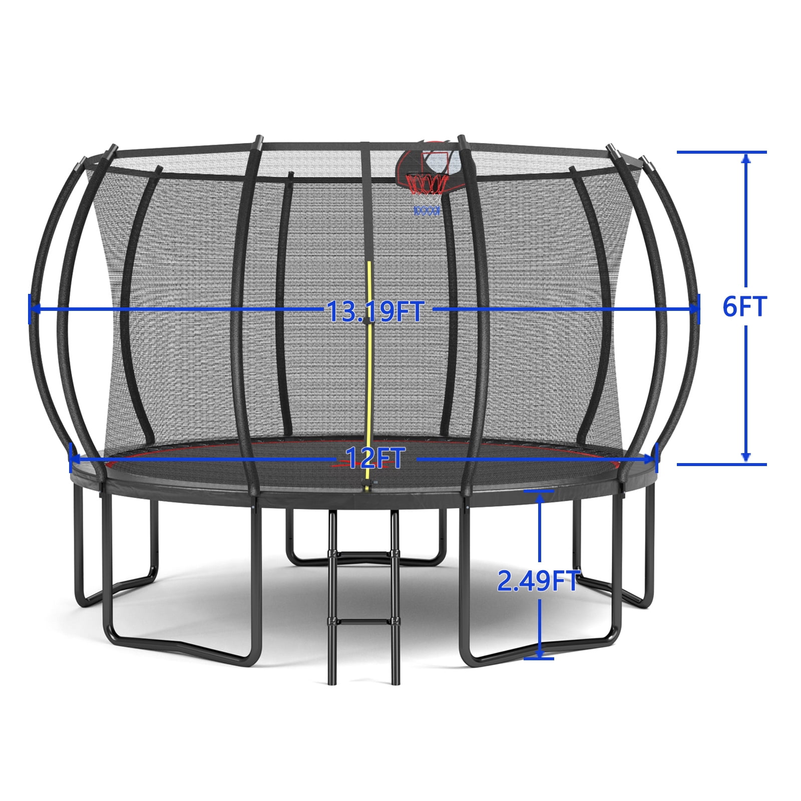 Witaxima YC 12FT Trampoline with Basketball Hoop, Ladder, and Safety Enclosure - Heavy-Duty Steel Frame, Black & Red, 144in Round, ASTM Certified for Kids & Family Outdoor Fun