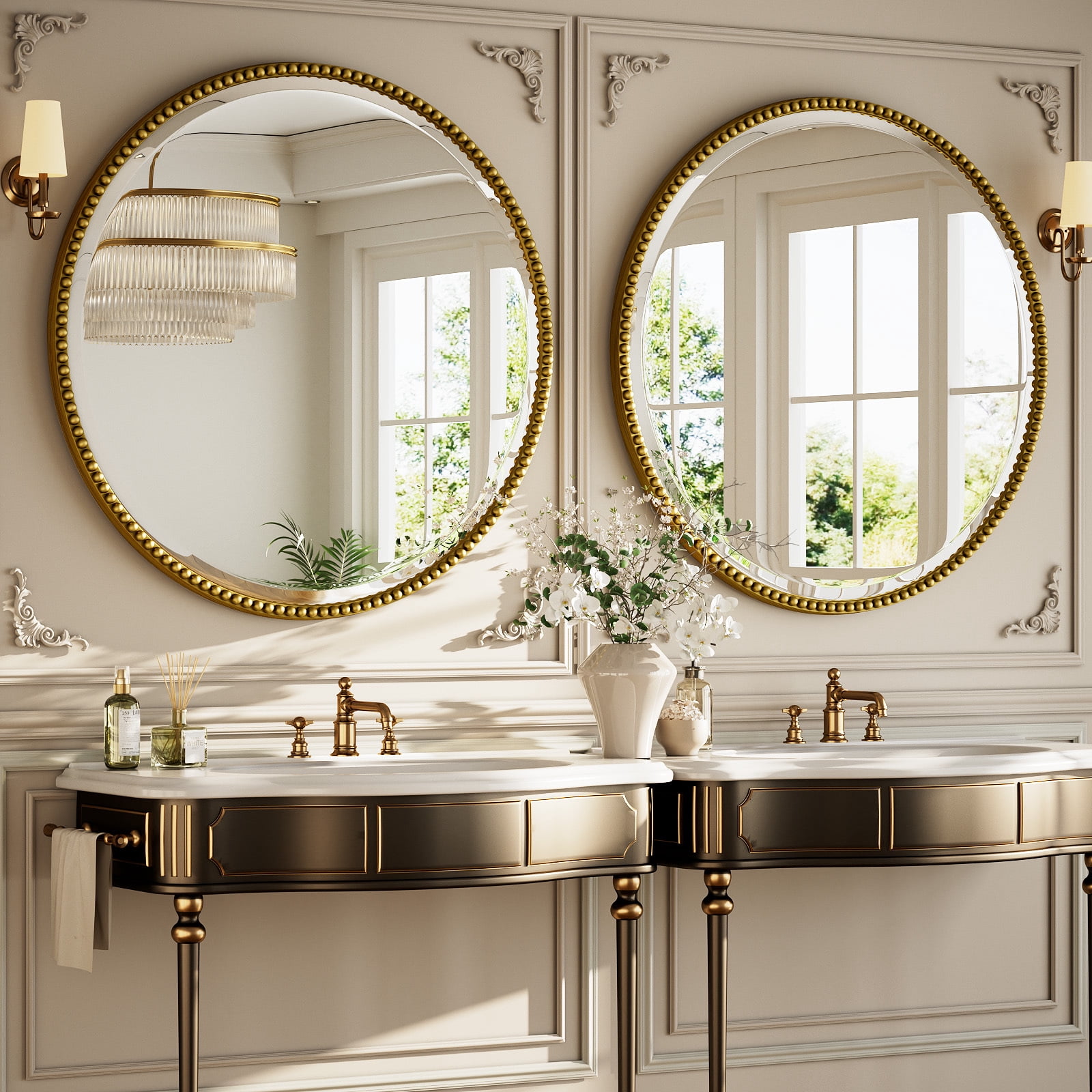Puremirror 32" Round Bathroom Mirror Decoration Wall Mirror with Beaded Frame, Gold