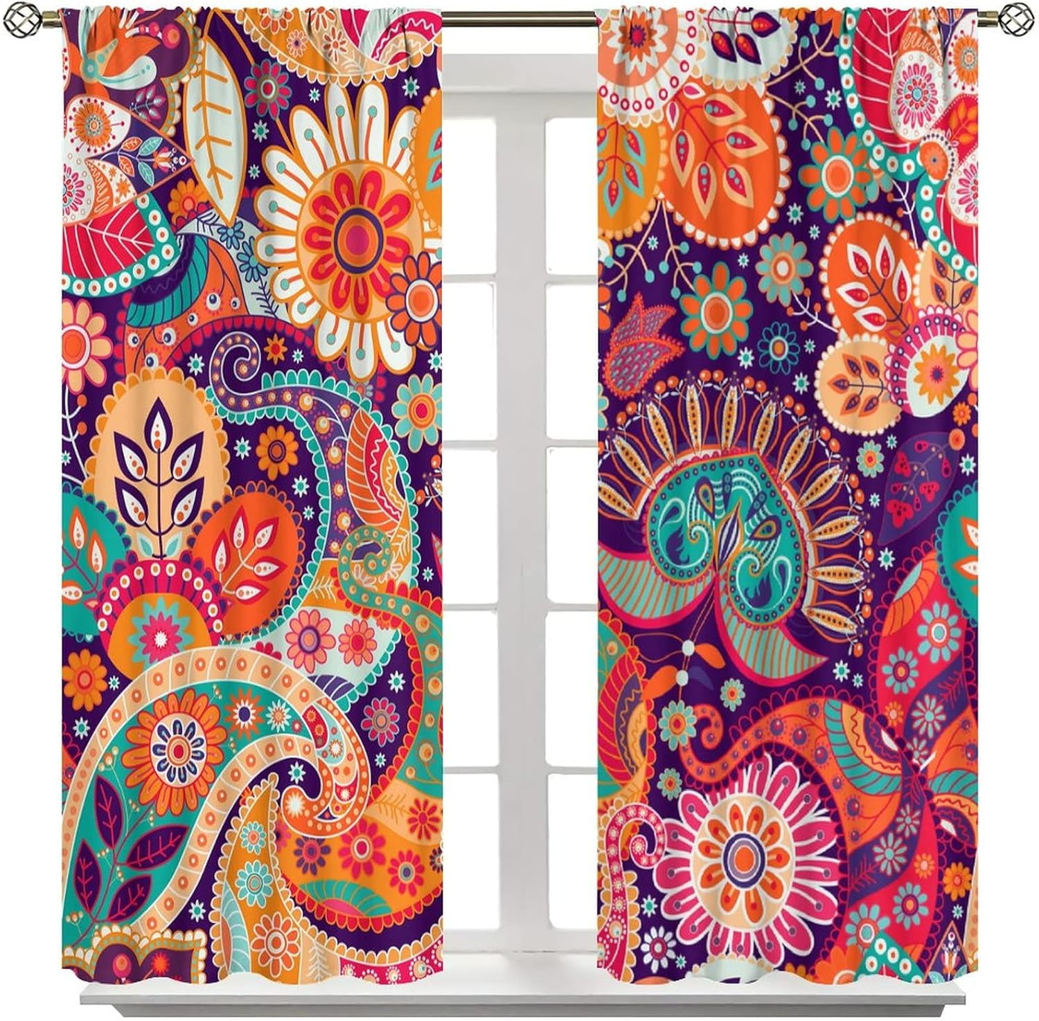 Boho Flower Curtains for Living Room, Vintage Paisley Floral Window Treament for Bedroom, Retro Bohemian Floral Print Blackout Drapes 2 Panel Sets,42x54 Inch