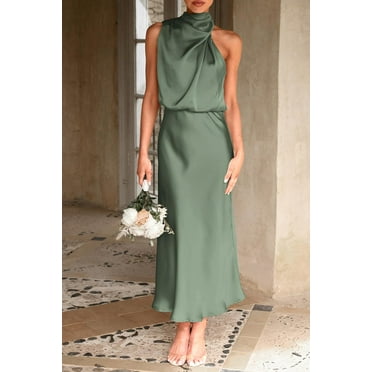 Elegant Queen's Style Women's 2025 Summer Satin Dress, Elegant Sleeveless Stand Collar Cocktail Party Long Dress