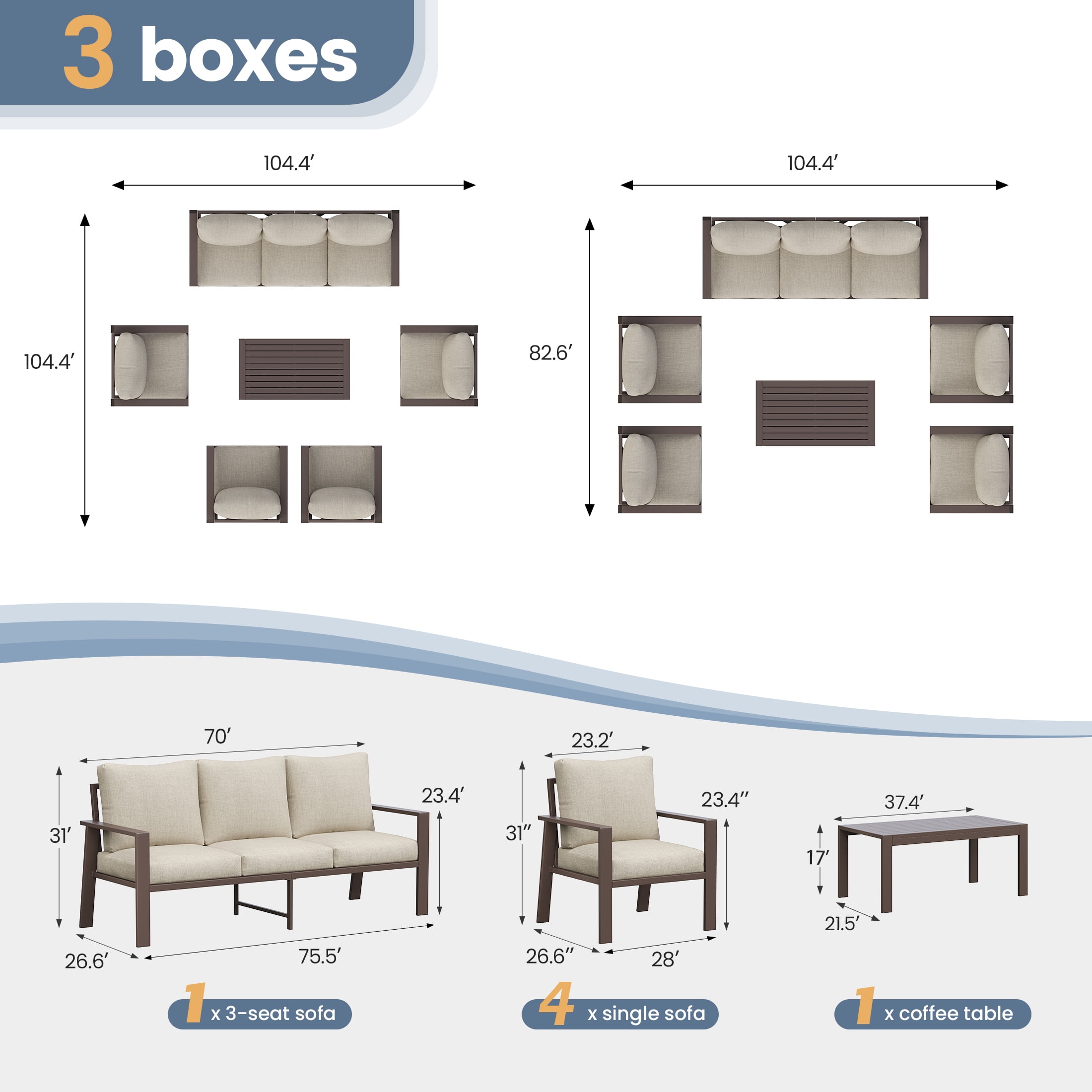 UDPATIO Aluminum Patio Furniture Set, Contemporary Outdoor Couch Set, Aluminum Patio Conversation Set, Beige