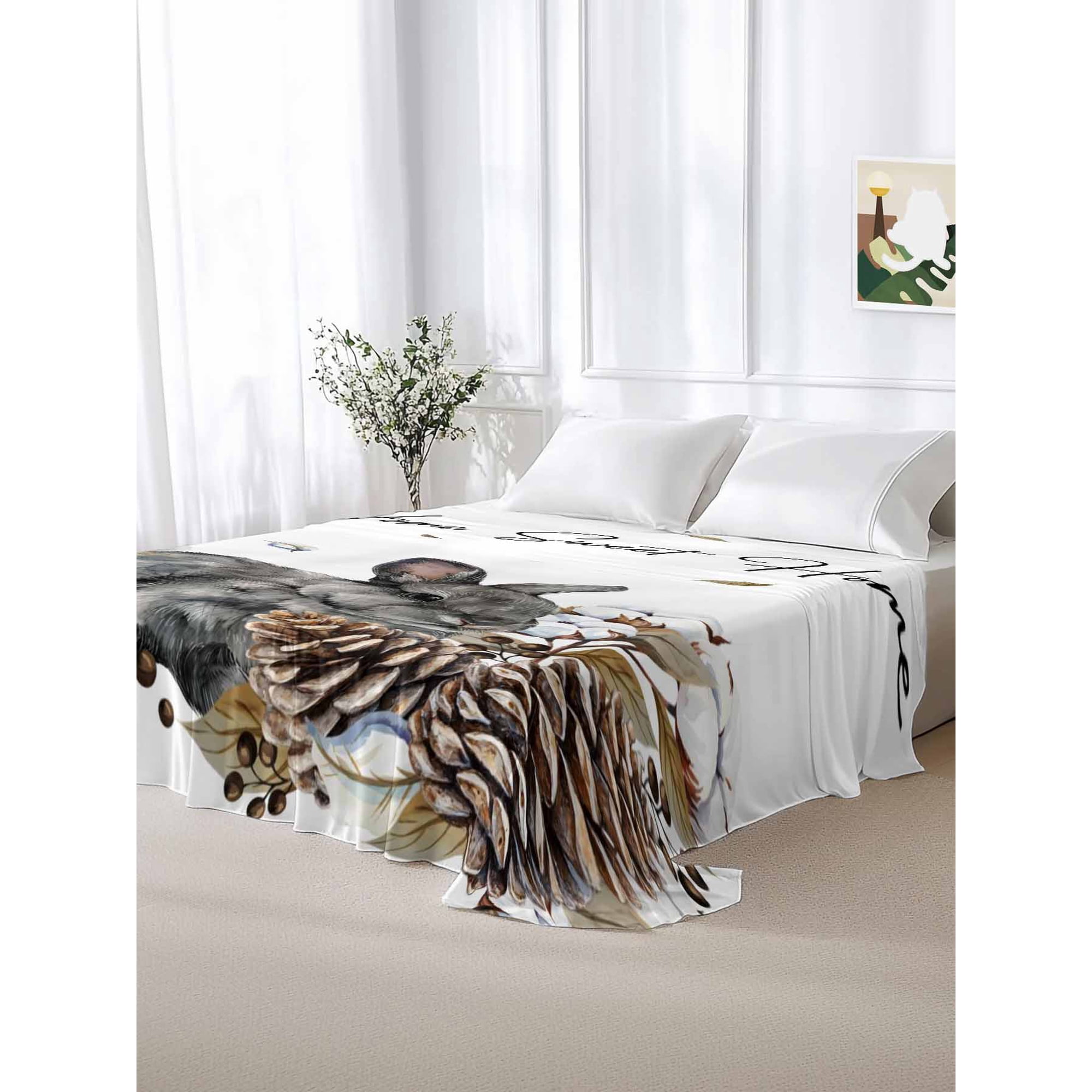 King Size Flat Sheet Only Farmhouse Rabbit Rustic Plant Soft Top Bed Sheets Breathable Bedding Sheet Fallen Leaf Pinecone Berry Microfiber Hotel Luxury Top Sheets