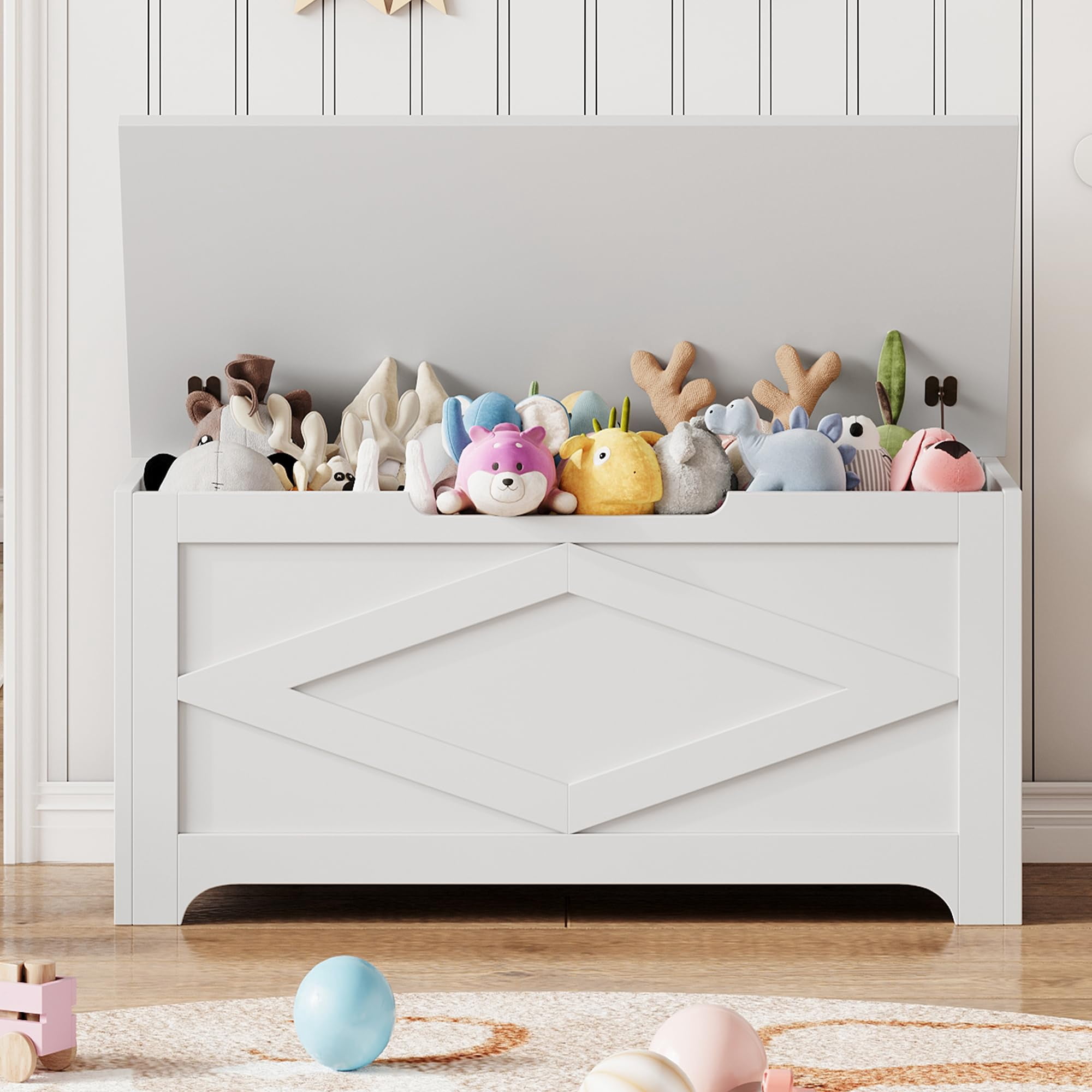 KOKEBREN 39.4"L Storage Chest, Wooden Toy Storage Bench, Modern Style Lift-Top Toy Chest with Safety Hinge for Entryway, Bedroom, Living Room,White