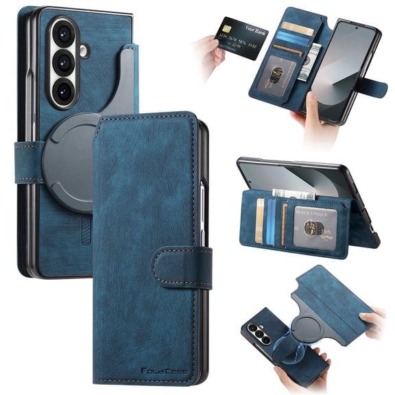 Dteck for Samsung Galaxy Z Fold 4 Case with Detachable Magnetic Wallet, Retro PU Leather Flip Case Compatibel with Mag Safe Cover with Card Slots Holder for Galaxy Z Fold 4,Blue