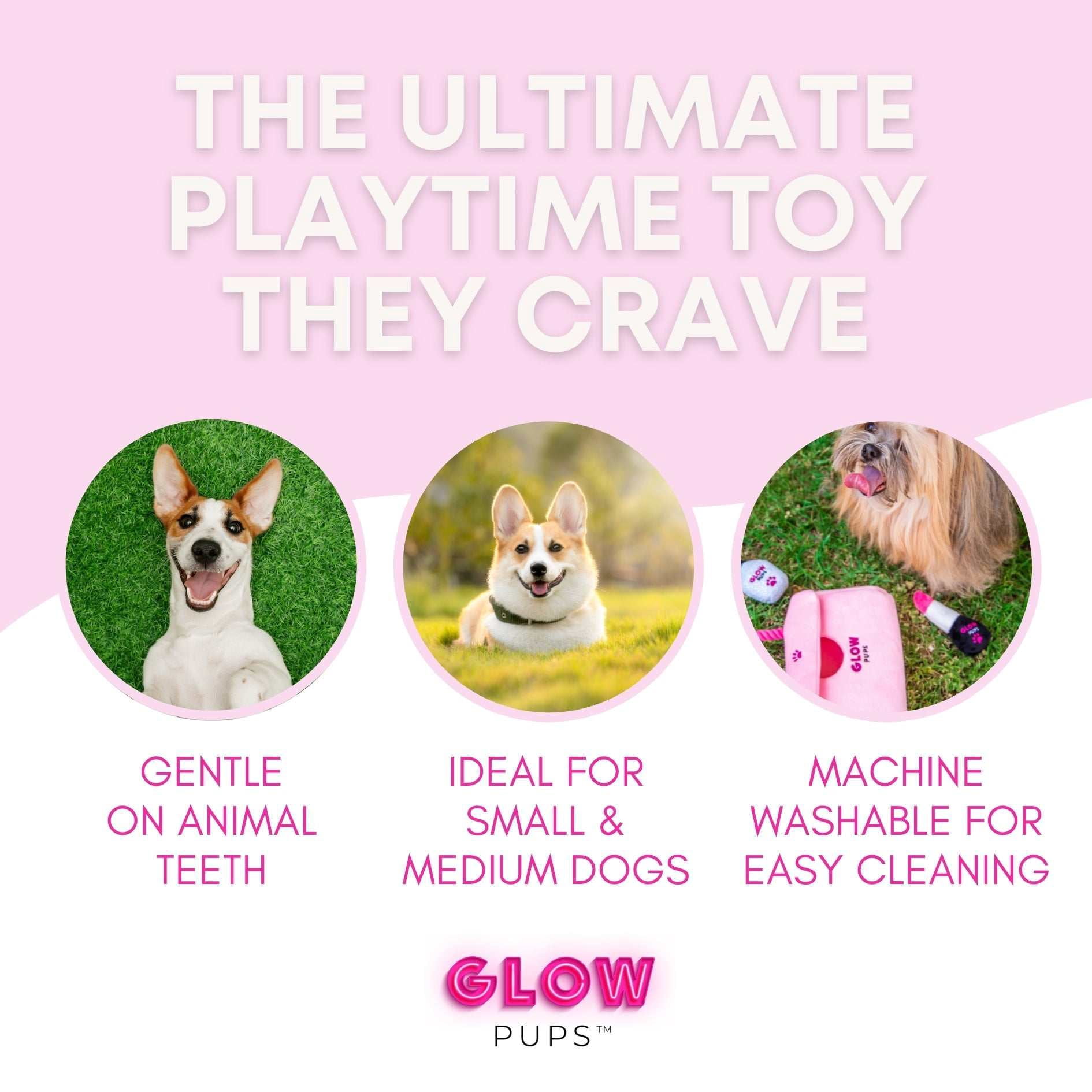 Glow Pups Washable Burrow & Hide and Seek Dog Toy with Plush Lipstick, Nail Polish and Cellphone, Pink Purse
