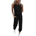 thumbnail image 2 of Lightweight Lounge Sets for Women Slouchy Relaxed 2 Piece Tracksuit Outfits Sleeveless Crewneck Sweatshirt with Pocket Casual Drawstring Elastic Waist Capri Sweatpants Trendy Joggers Sports Clothes, 2 of 7