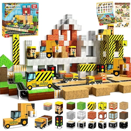 Magnetic Blocks-100PCS Magnetic Building Blocks, Magnetic Blocks Road with Car STEM Toddler Kids Toys, Construction Toys for Kids Ages 4+, Christmas Birthday Gifts for Boys & Girls