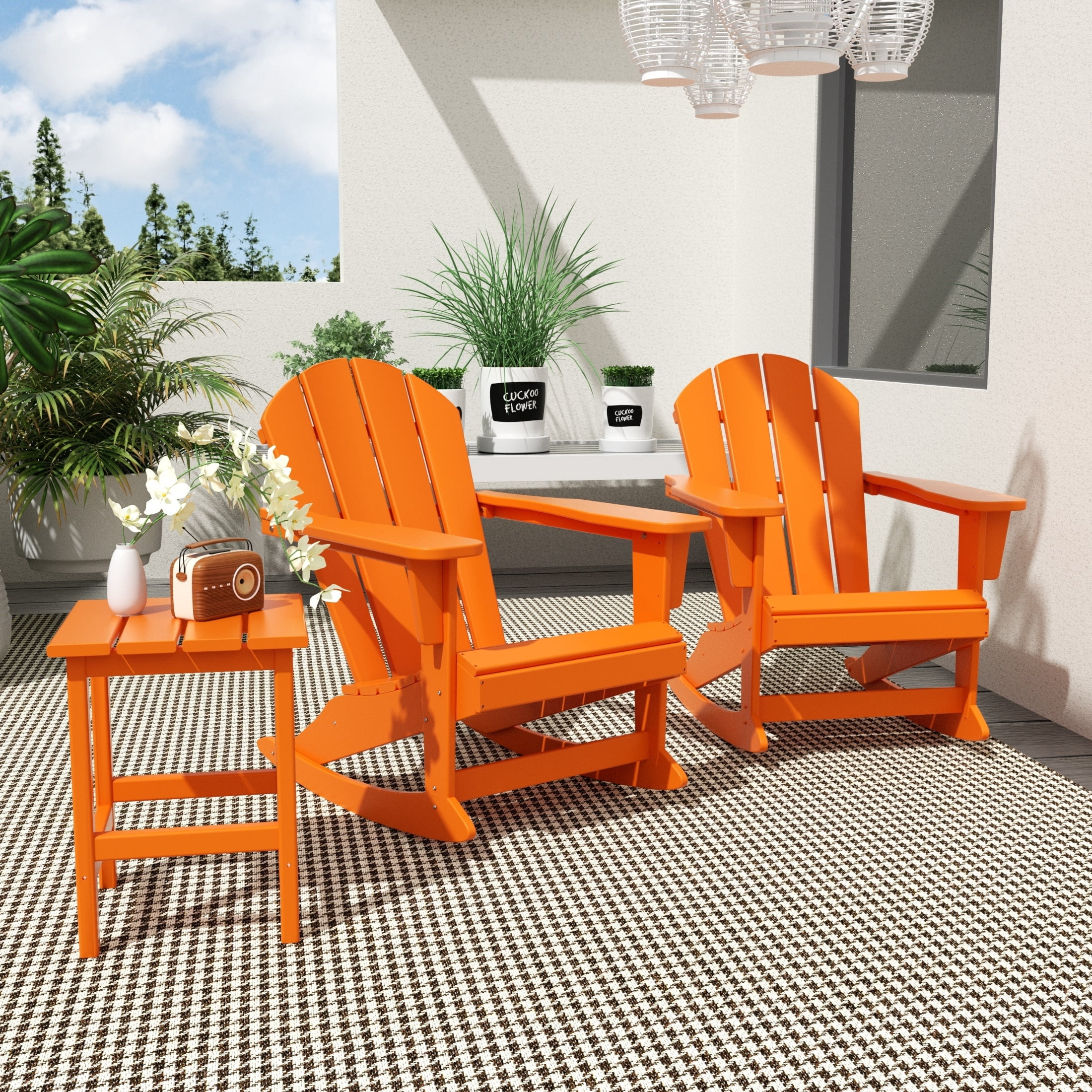 Polytrends  Laguna 3-Piece Poly Adirondack Rocking Chairs and Side Table Set Orange