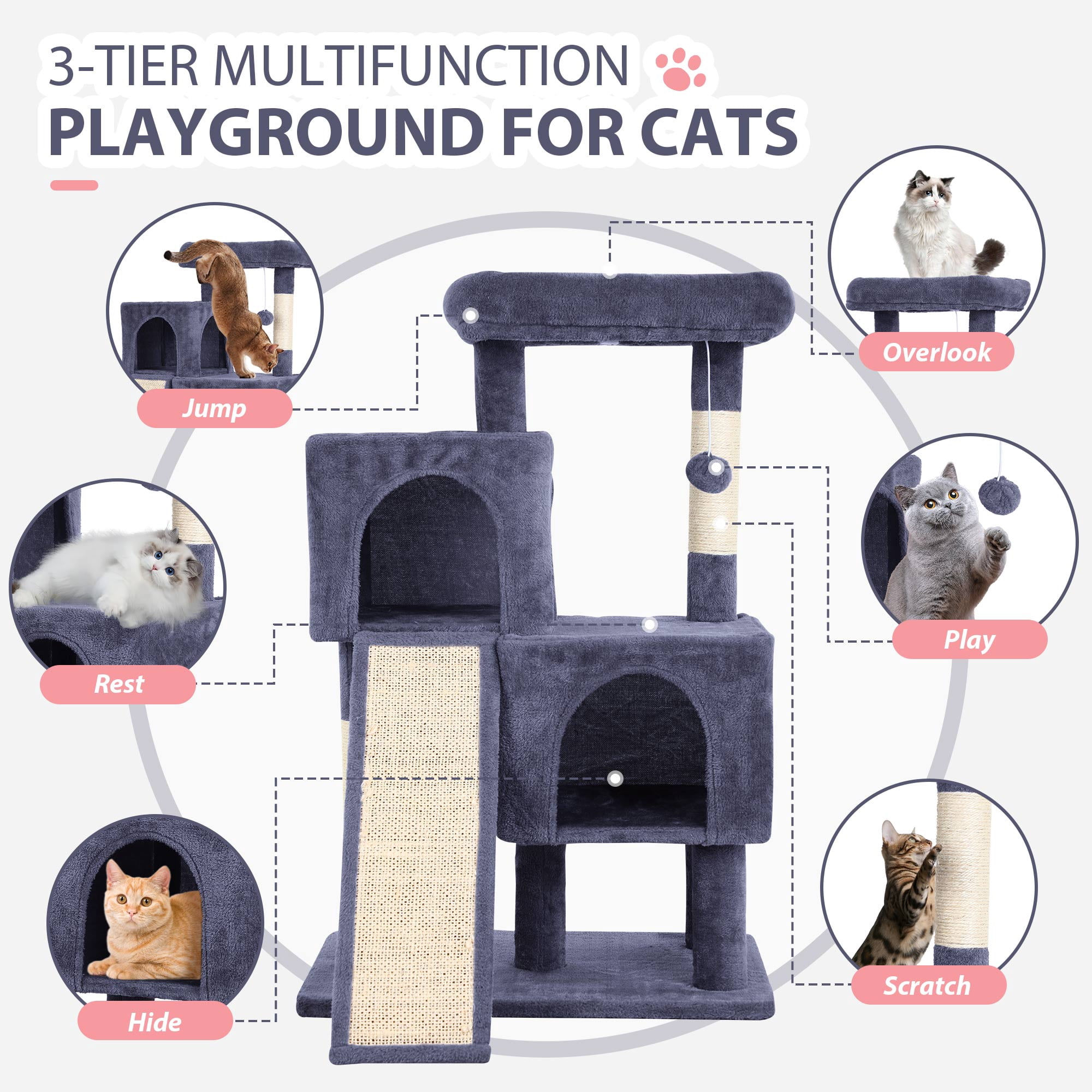 CL.HPAHKL 36 In Short Sturdy Cat Tree House, Modern Cat Tower Scratching Post with Soft Plush Perch Kittens Condo with Board and Hanging Ball Cat Cave Beds for Indoor Cats, Dark Grey