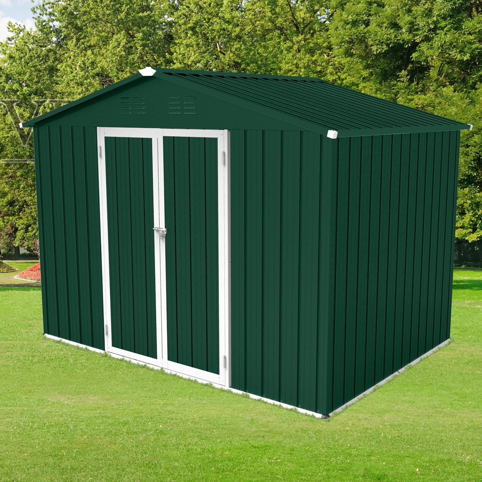Alvantor Outdoor Storage Shed Metal Garden Shed with Apex Roof & Hinged Door, Green + Black, 8x6 FT