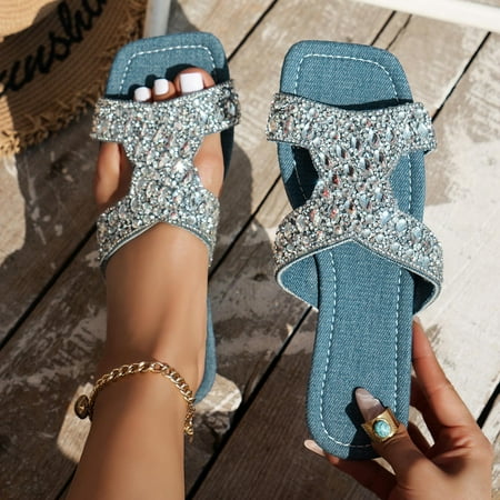 

AOOCHASLIY Independence Day Shoes Summer New Large Size Rhinestones One Line Flat Leisure Outside To Wear Beach Sandals