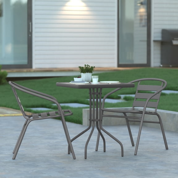 Emma Oliver 23.5'' Square Glass Top Metal Table with 2 Silver Aluminum Slat Stack Chairs