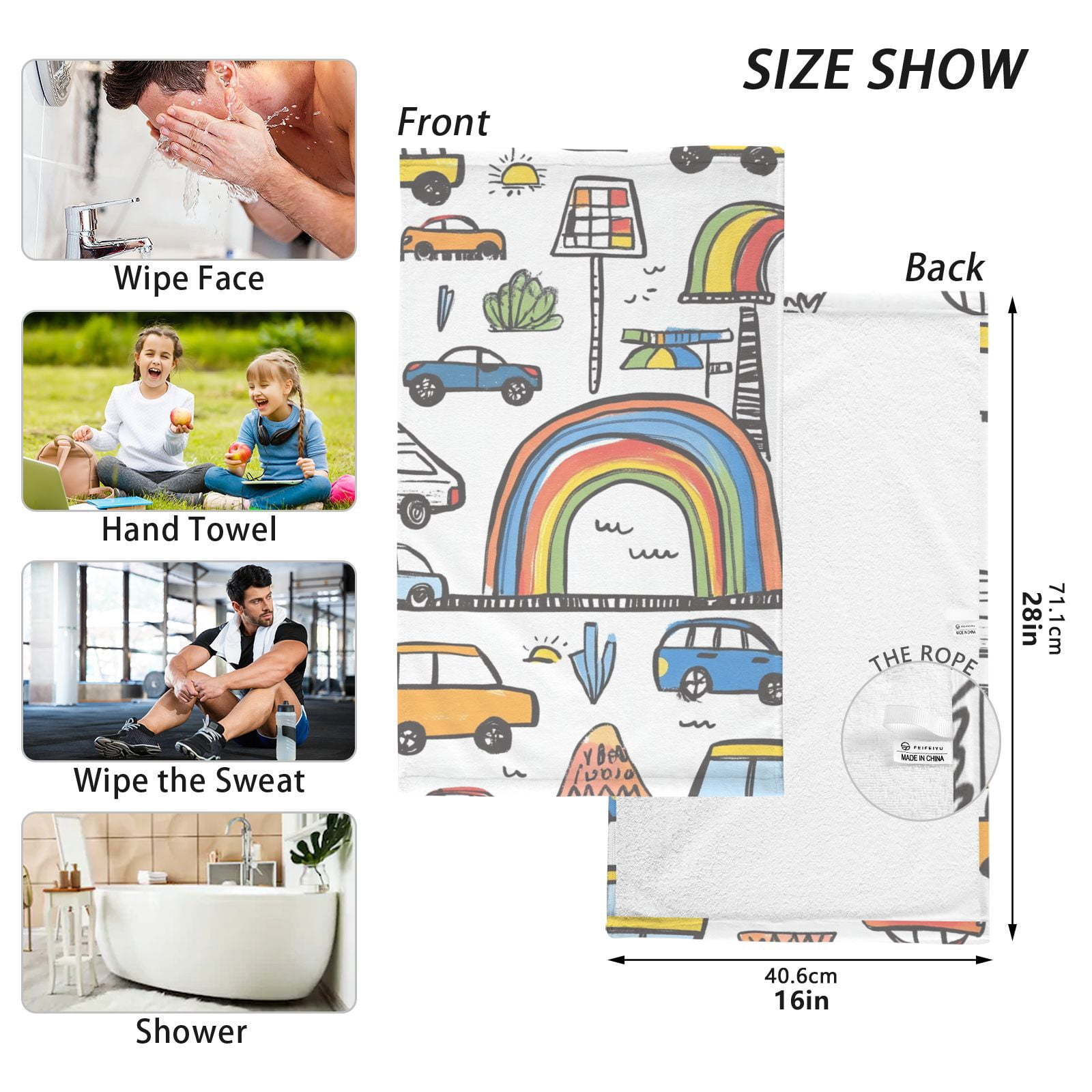 Cars Doodle Rainbows Hand Towels Cotton Bath Towels Large Face Towels Absorbent for Bathroom 2 Packs