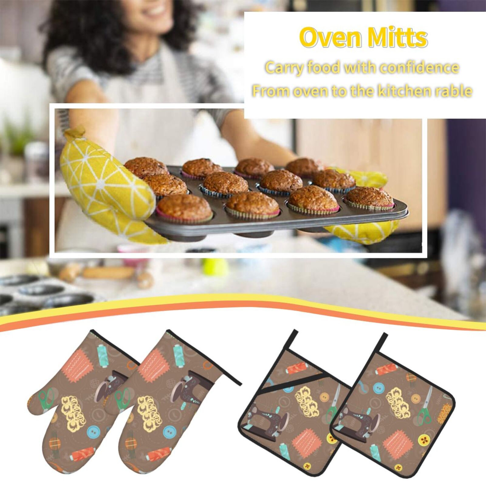 Retro Sewing Accessories Scissors Vintage 4Pcs Oven Mitts and Pot Holders Sets Oven Kitchen Gloves Hot Pads for Cooking BBQ Baking Grilling