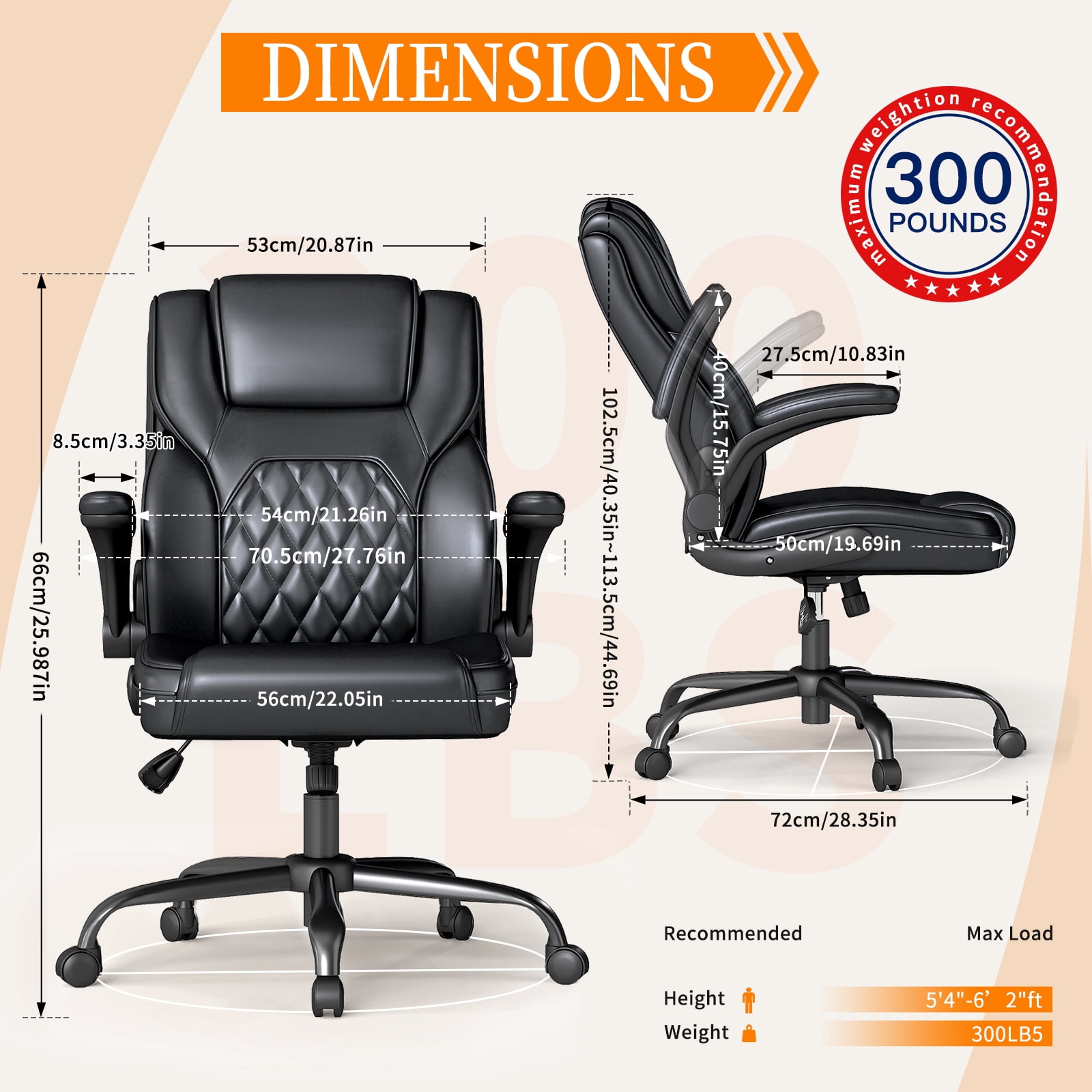 YERAIRR  Leather Office Chair  Big and Tall Wide Seat Task Chair Ergonomic Computer Desk Chair High Back, Adjustable Armrests, Thick Seat Cushion Black