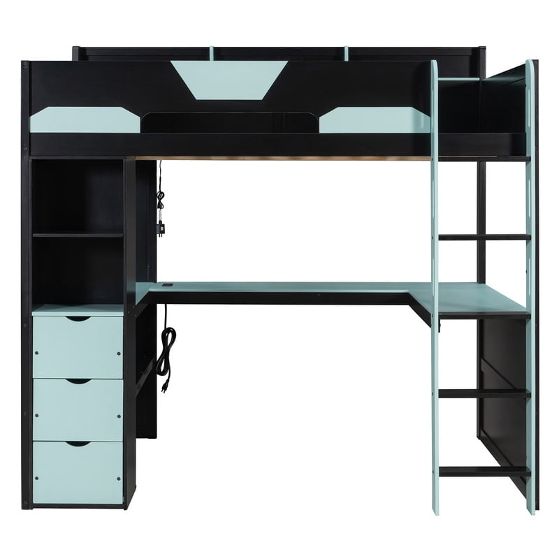 Full Size Gaming Loft Bed with U-Shaped Desk, RGB LED Lights & Charge Station, High Profile Storage Bed Frame with Drawers & Shelves