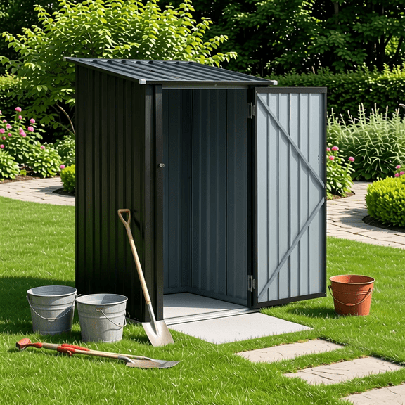 LuckyNote 3x3 ft Floorless Metal Storage Shed, Small Steel Garden Shed with Lockable Single Door, for Backyard Patio, Dark Gray