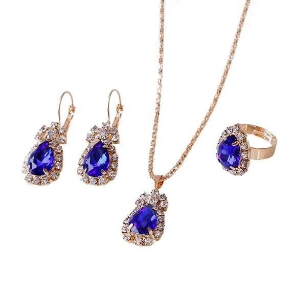 Ayyufe Pack Of 3 Women Water Drop Bright Alloy Rhinestone Pendant Necklace Earrings Ring Set for Valentine Day