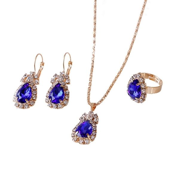 Ayyufe Pack Of 3 Women Water Drop Bright Alloy Rhinestone Pendant Necklace Earrings Ring Set for Valentine Day