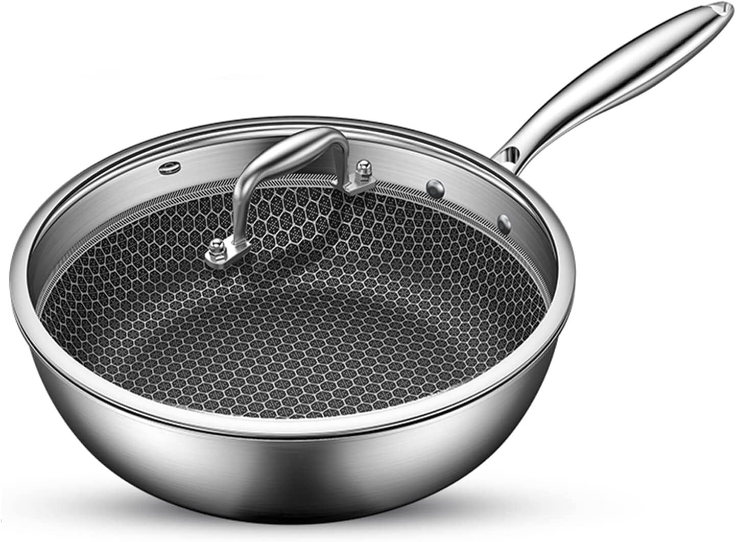 Potinv Hybrid Stainless Steel Wok with Stay Cool Handles 12 Inch,Non-Stick,  Dishwasher and Oven Safe, Works with Induction, Ceramic, Electric, and Gas